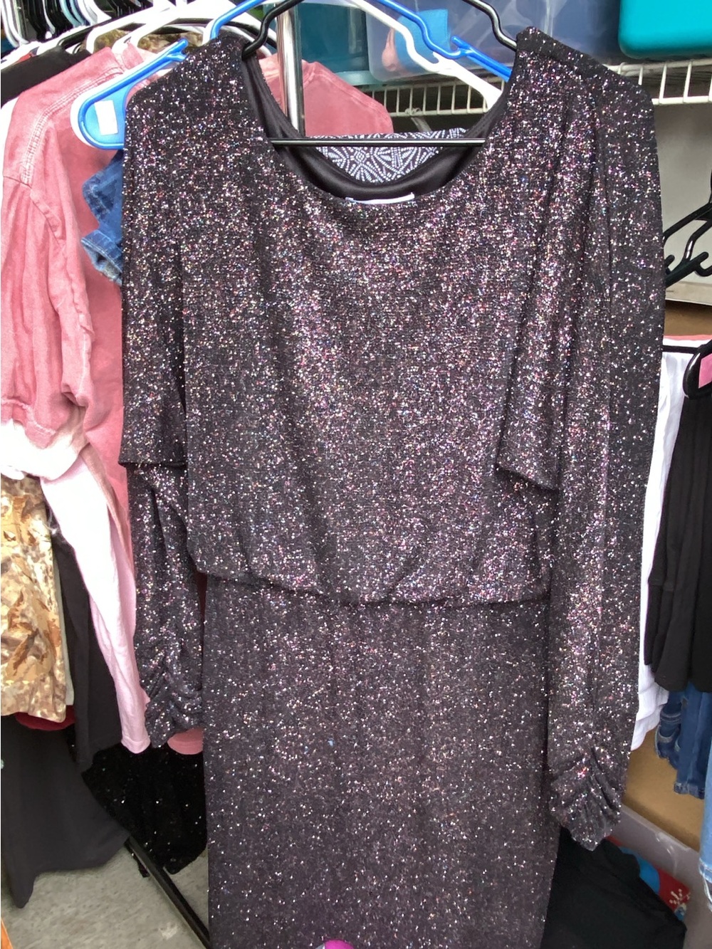 Sparkling Long Sleeve Glitter Dress - Black with Pink/Silver Sparkle